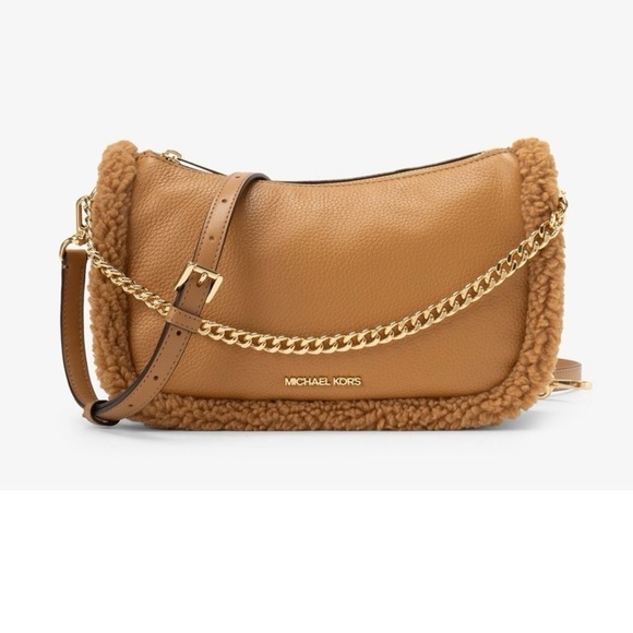 NWT MICHAEL KORS Carmela Pouchette Shearling Tan Shoulder/Cross Body Handbag - Picture 1 of 4